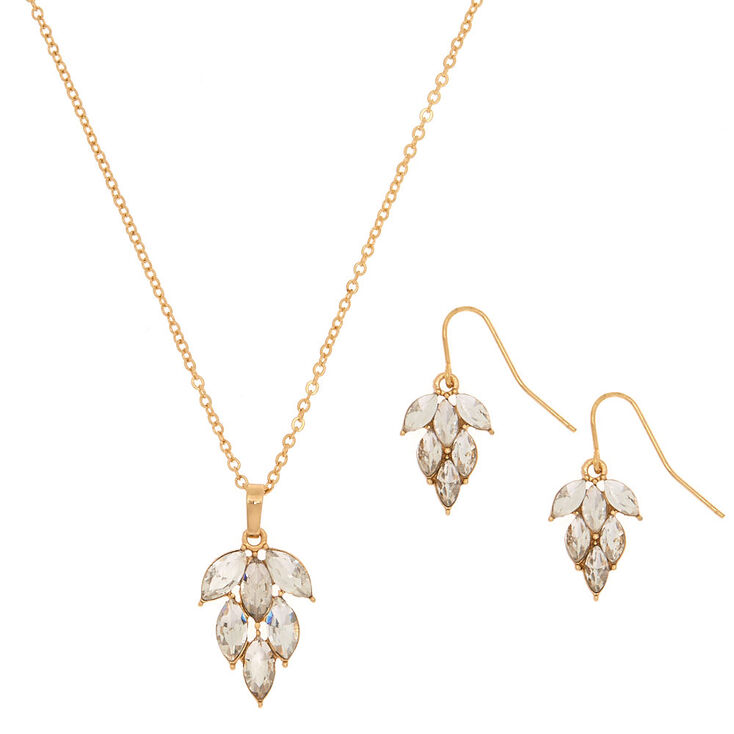 Gold Glass Rhinestone Leaf Jewelry Set - 2 Pack,