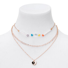 Gold Heart Yin Yang &amp; Daisy Multi Strand Choker Necklace,