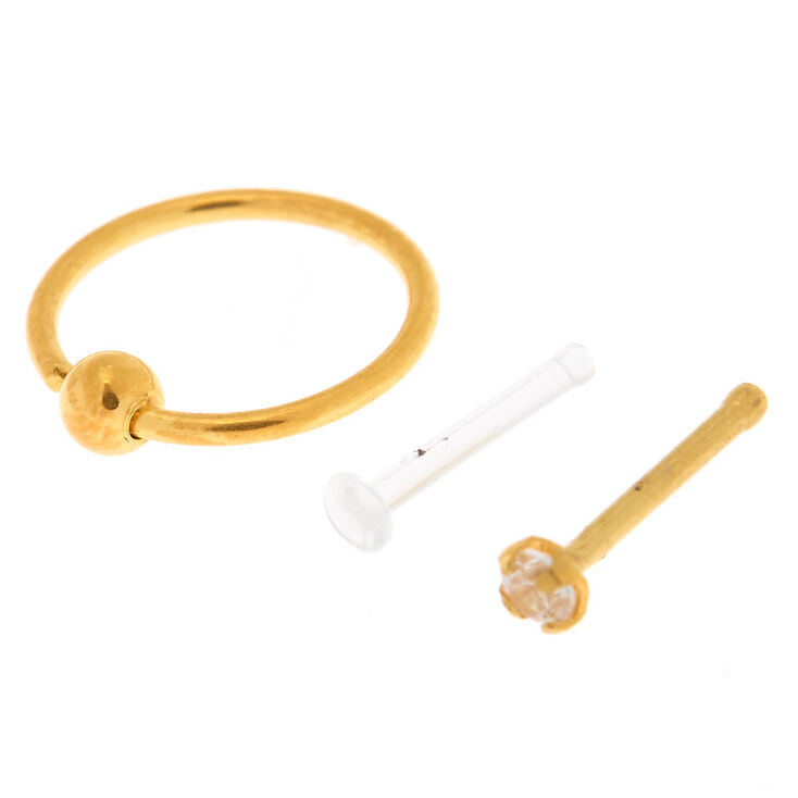 18ct Gold Plated Cubic Zirconia 20G Nose Ring + Studs Set - 3 Pack,