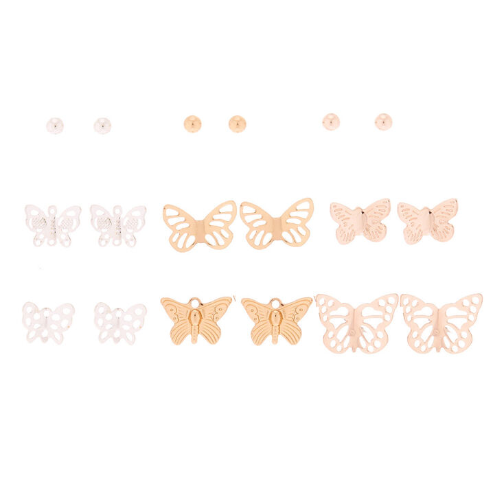 Mixed Metal Butterfly Stud Earrings - 9 Pack,