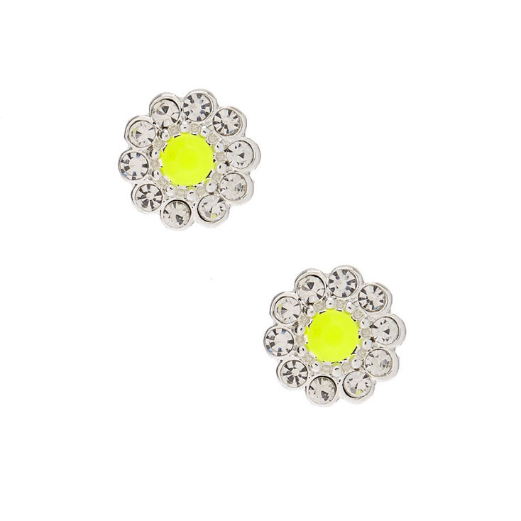 Silver Embellished Flower Stud Earrings - Yellow,