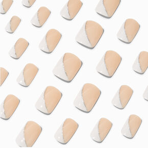 Glitter French Tip Angled Mid Square Vegan Faux Nail Set - 24 Pack,
