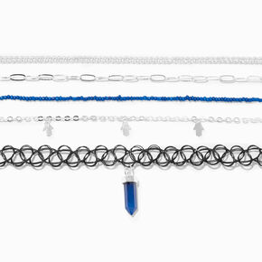 Blue Lapis Mystical Gem &amp; Silver Hamsa Choker Necklaces - 5 Pack,