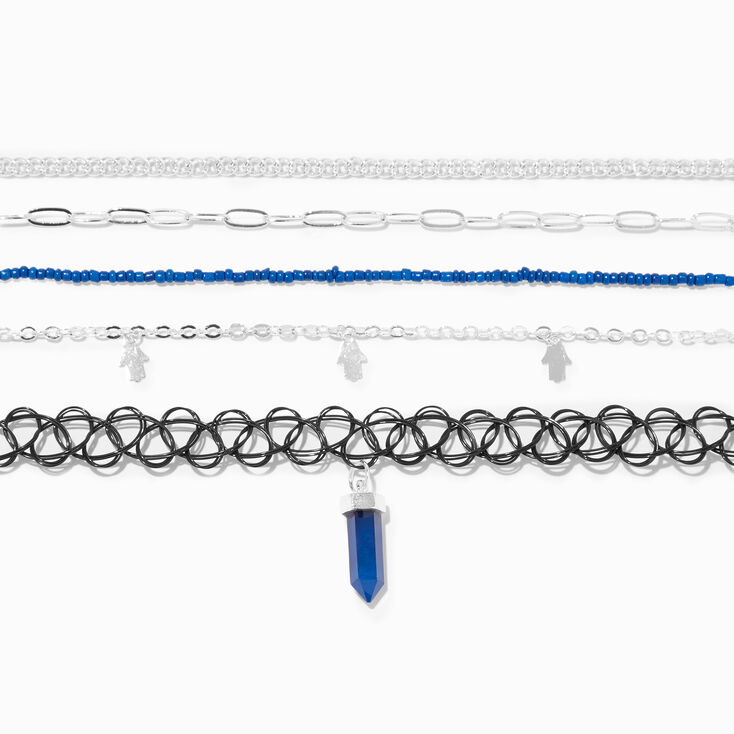 Blue Lapis Mystical Gem &amp; Silver Hamsa Choker Necklaces - 5 Pack,