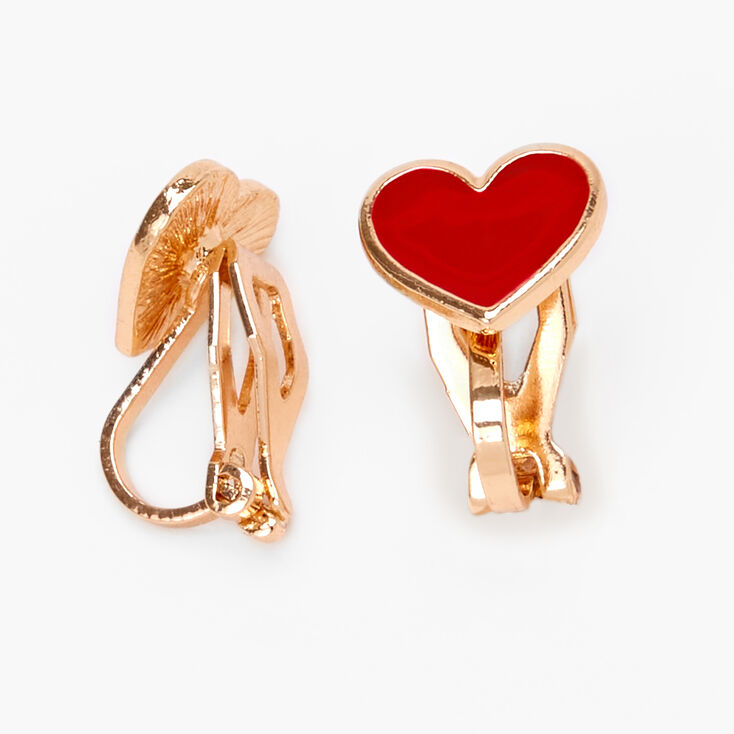 Gold Heart Clip On Stud Earrings - Red,
