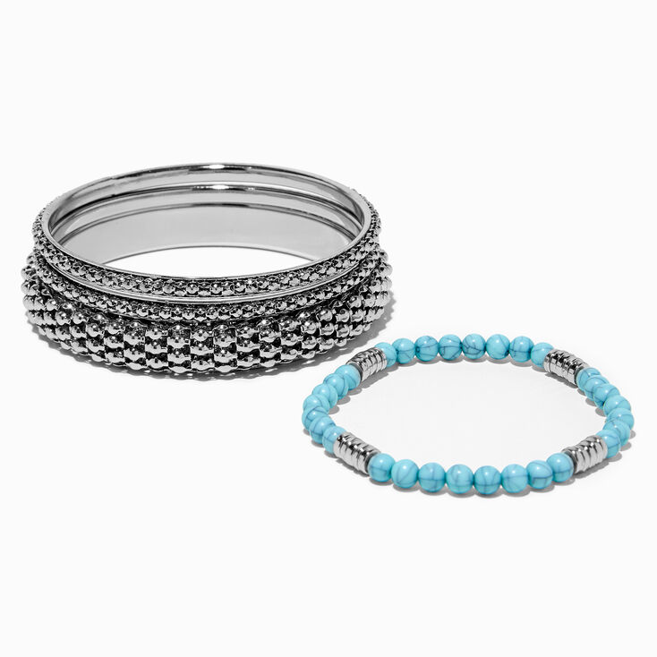 Silver-tone Bangle &amp; Turquoise Beaded Bracelet Set - 4 Pack,