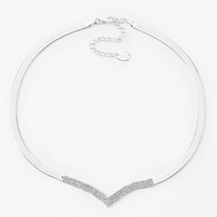 Silver Rhinestone Herringbone Chain 16&quot; Necklace,