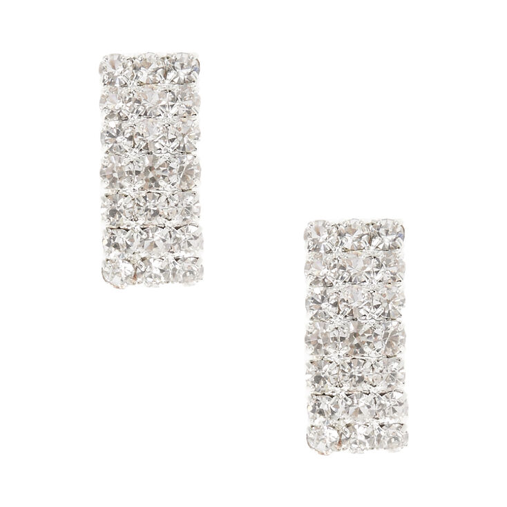 Silver Tone Curved Rectangle Clear Glass Stone Clip-on Stud Earrings,