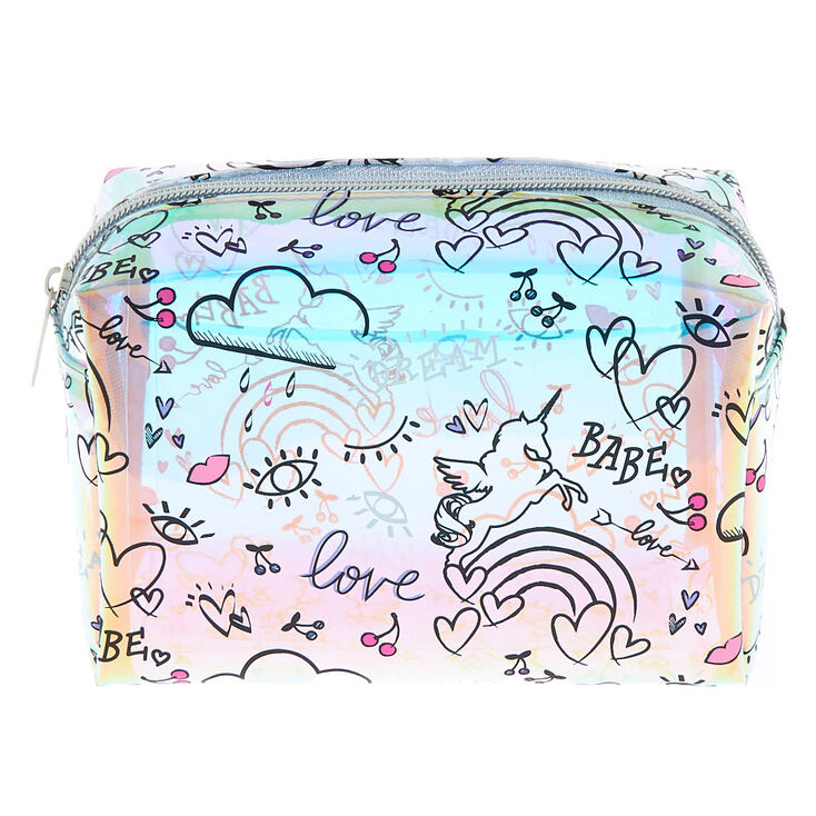 Holographic Doodle Print Makeup Bag,
