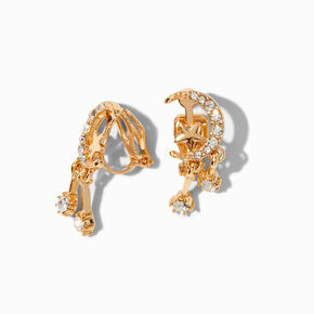 Gold 1&quot; Crescent Moon Star Clip-On Earrings,