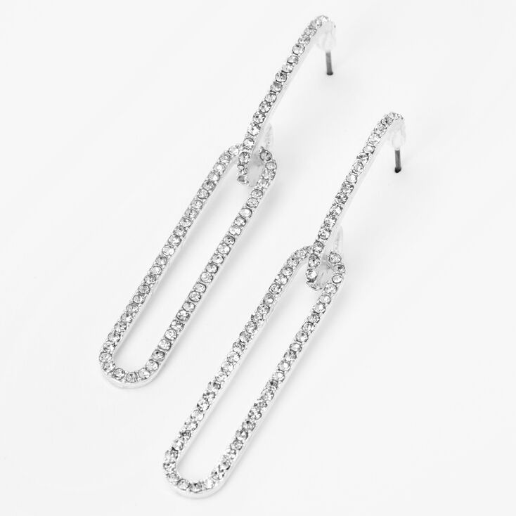 Silver 2.5&quot; Rhinestone Chainlink Rectangle Drop Earrings,
