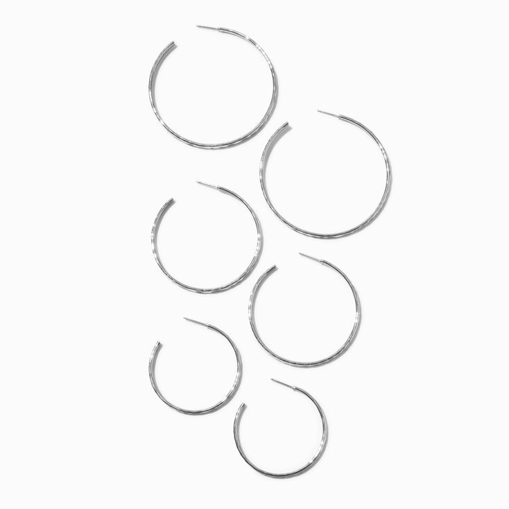 Silver-tone Graduated Hammered Hoop Earrings - 3 Pack,