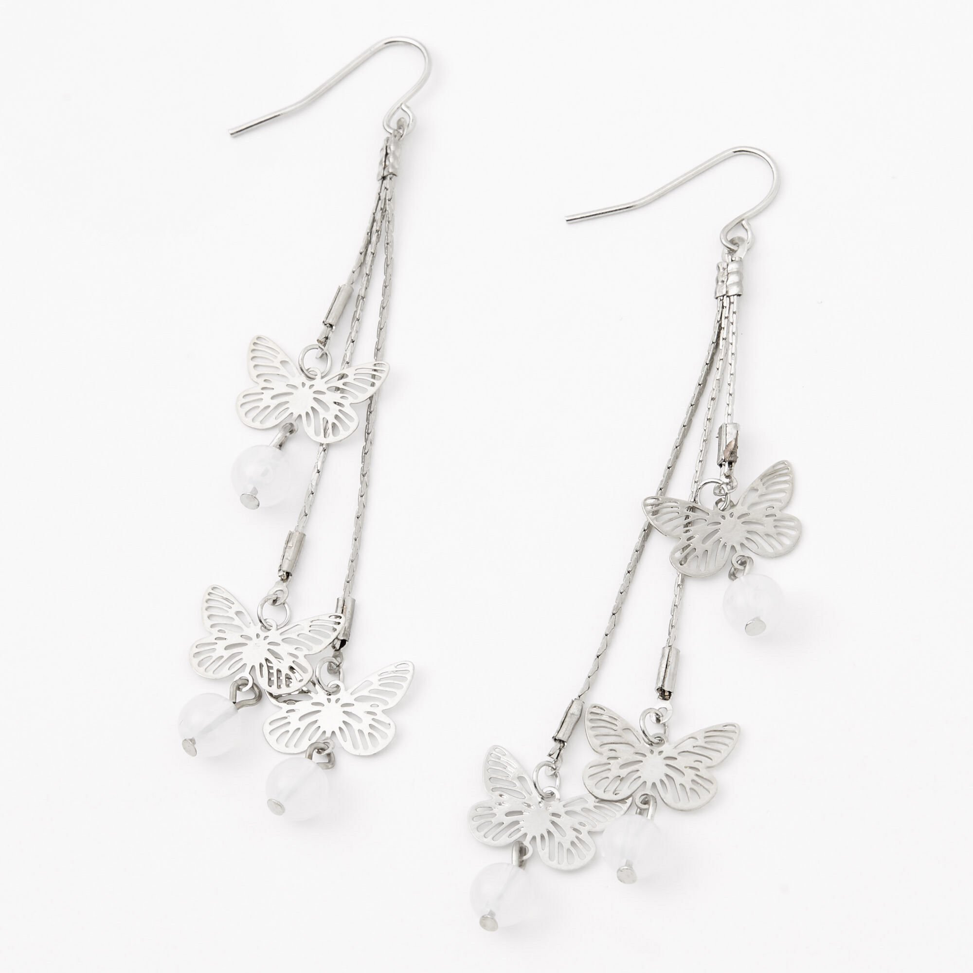 Silver 3 Butterfly Beaded Drop Earrings Icing US