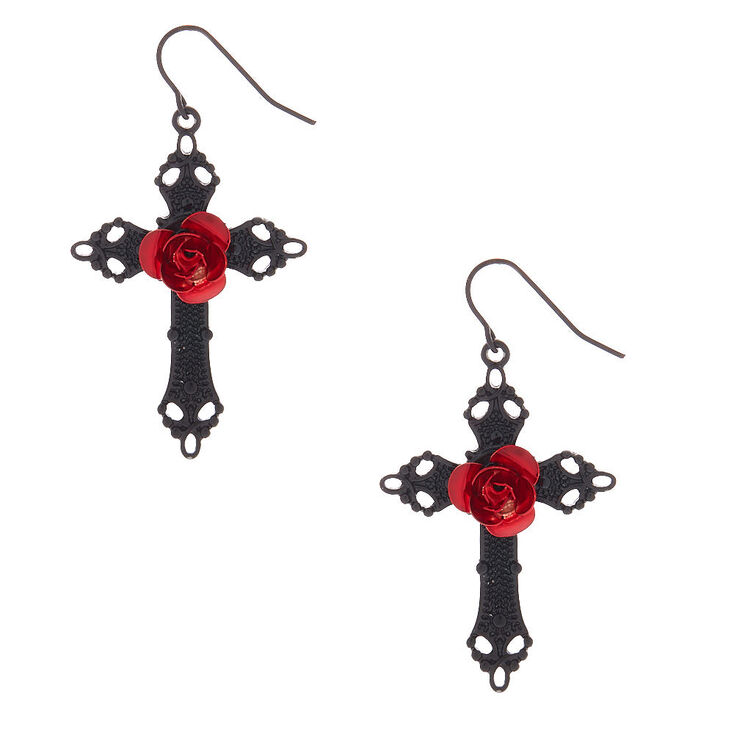 Black 2" Cross Drop Earrings,