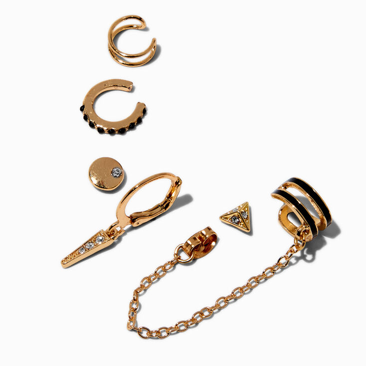 Gold-tone Black Crystal Connector Cuff Earring Stackables - 6 Pack,