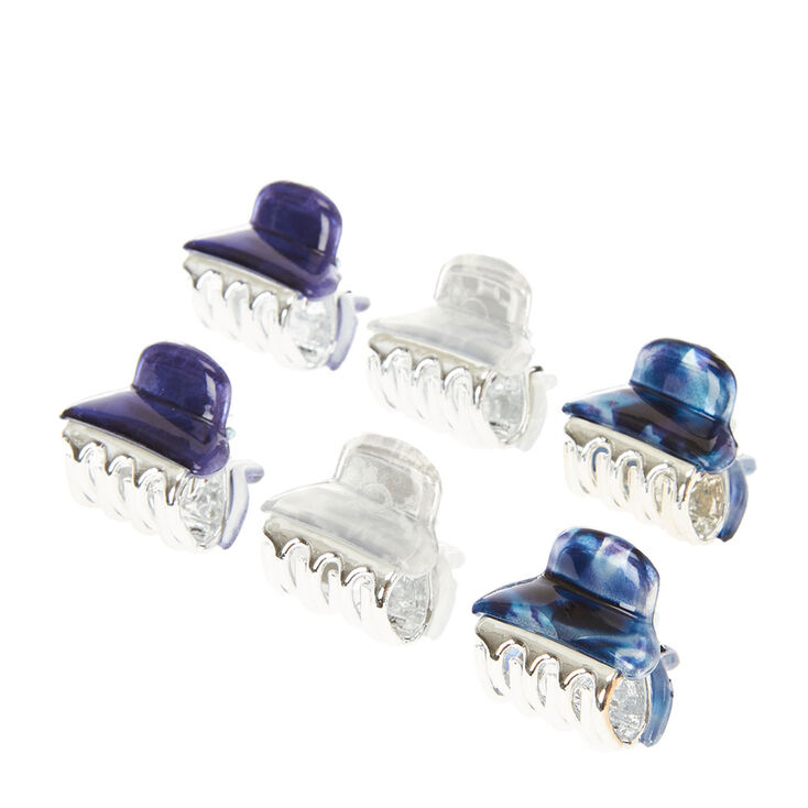 6 Pack Blue Marbled Mini Hair Clips,