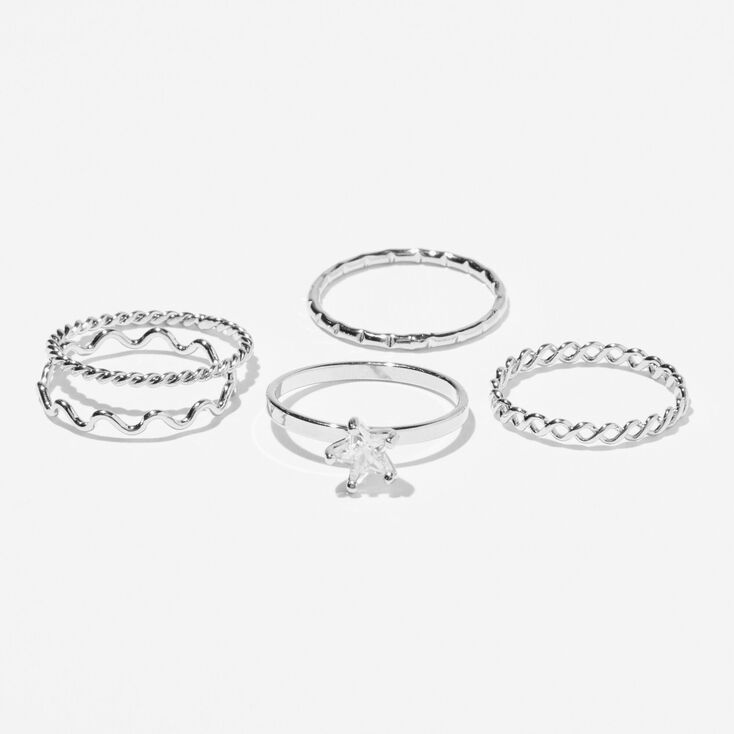 Silver Zig Zag Star Cubic Zirconia Rings - 5 Pack,