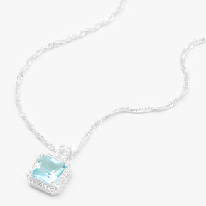 Silver Cubic Zirconia Square Halo Pendant Necklace - Blue,
