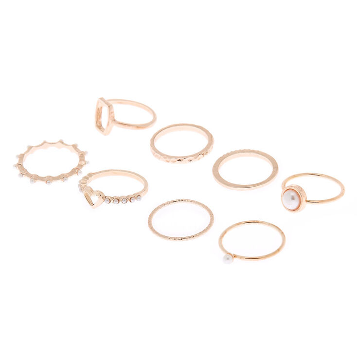 Rose Gold Pearl Heart Rings - 8 Pack,
