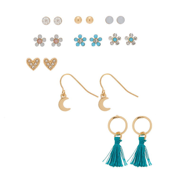 Gold Mixed Earrings - Turquoise, 9 Pack,