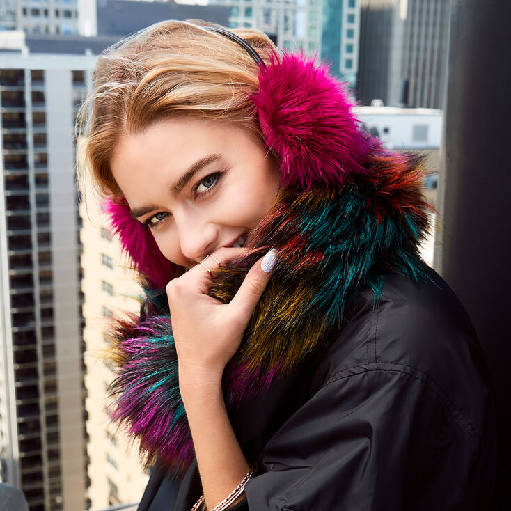 Faux Fur Cowl Neck Scarf - Rainbow,