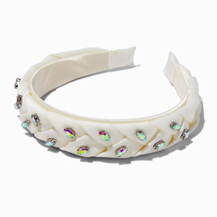 White Braided Iridescent Stone Puff Headband,