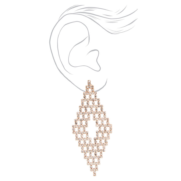 Rose Gold Diamond Shaped Crystal 2.5&quot; Drop Earrings,