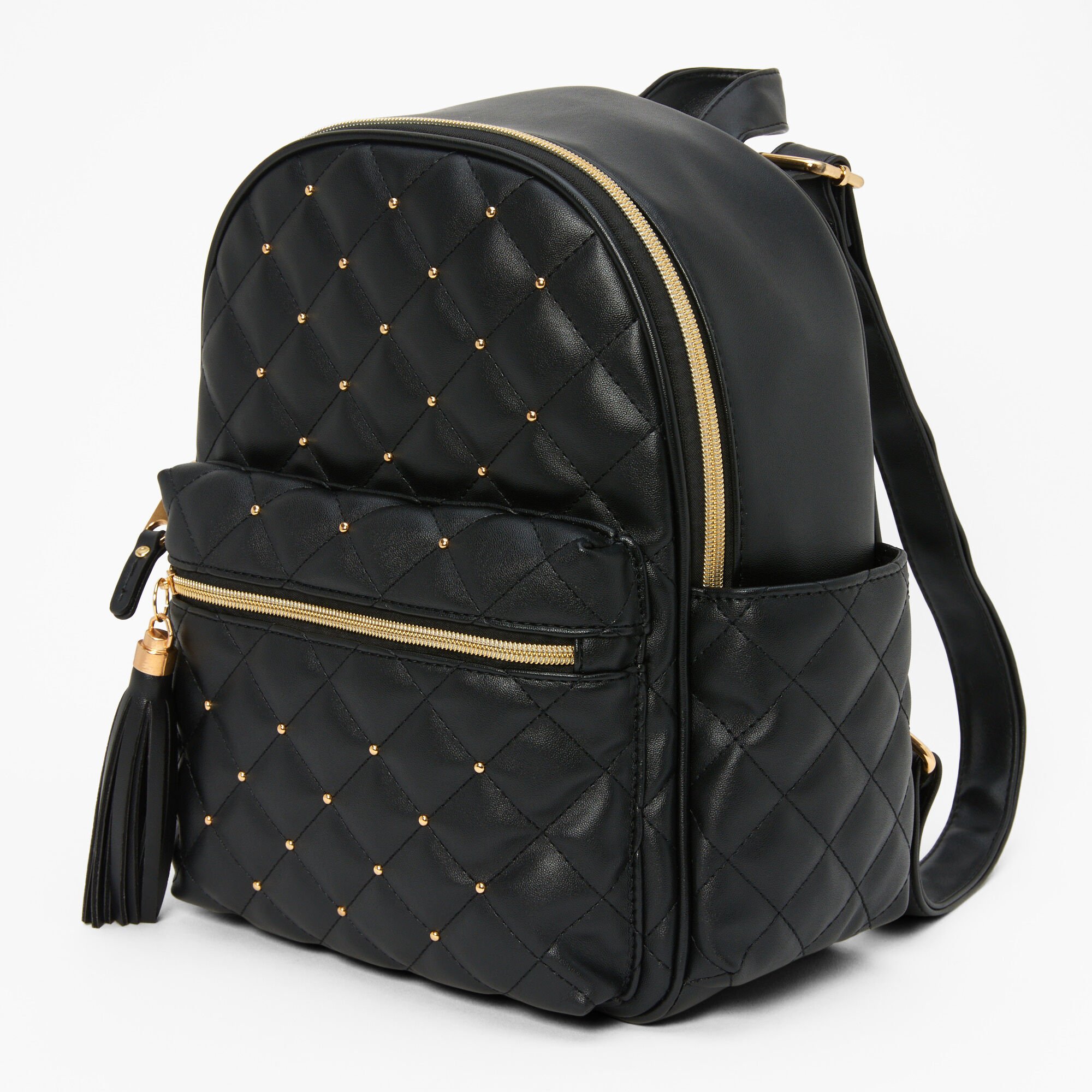 Faux Leather Gold Pearl Studded Mini Backpack Black Icing US