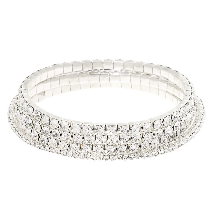 Silver Rhinestone Stretch Bracelets - 5 Pack,