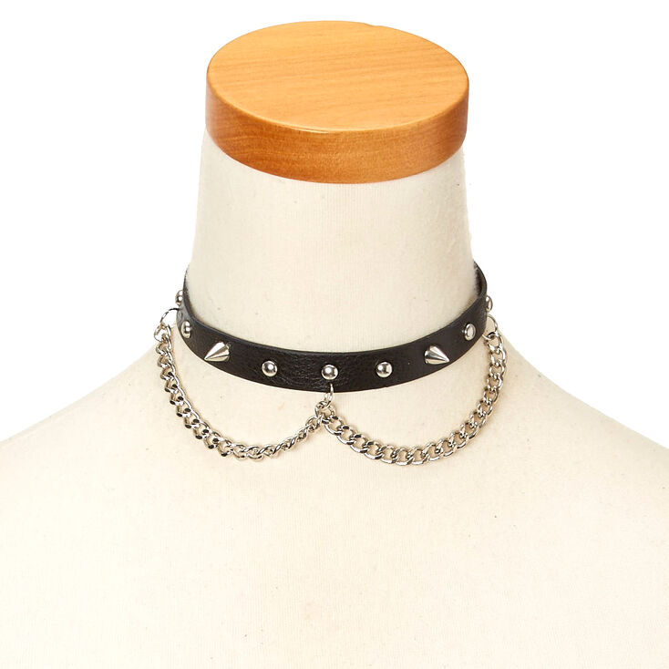 Black Faux Leather & Stud Choker Necklace,