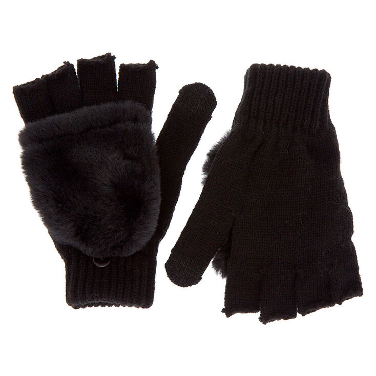 Touch Screen Fingerless Gloves with Furry Mitten Flap - Black,