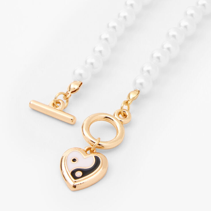 Gold Yin Yang Heart Toggle Clasp 14&quot; Pearl Necklace,
