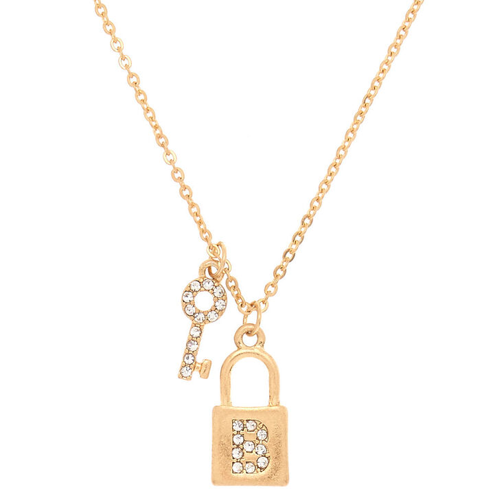 Gold Lock & Key Initial Pendant Necklace - B,