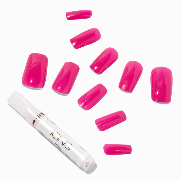 Hot Pink Glossy Long Square Vegan Faux Nail Set - 24 Pack,