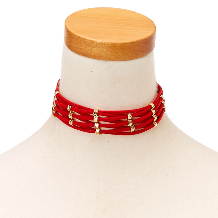 Woven Red Suede Choker with Gold Hexagon Beads,