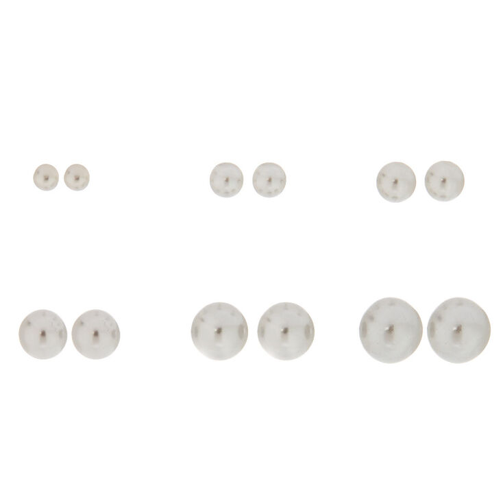 6 Pack Graduated Gray Faux Pearl Stud Earrings,