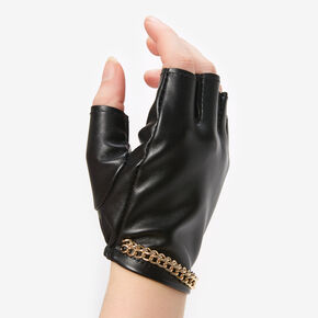 Gold Chain Faux Leather Fingerless Gloves - Black,