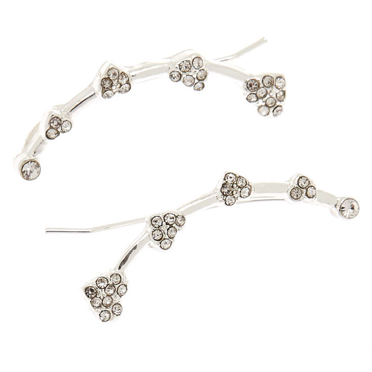 Silver 1" Crystal Heart Ear Crawler Earrings,