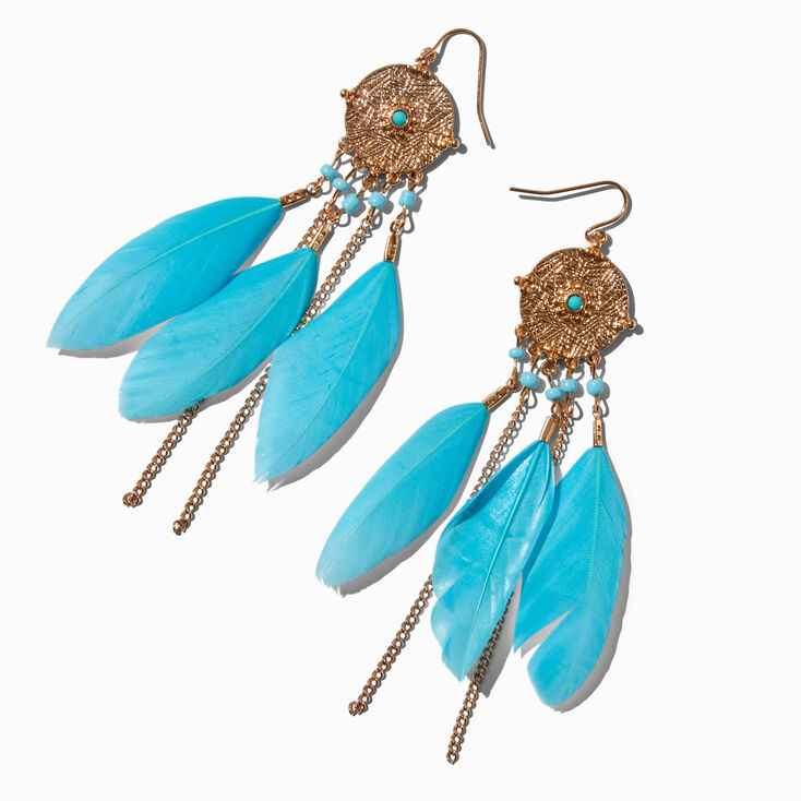 Blue Feather 6&quot; Gold-tone Drop Earrings,