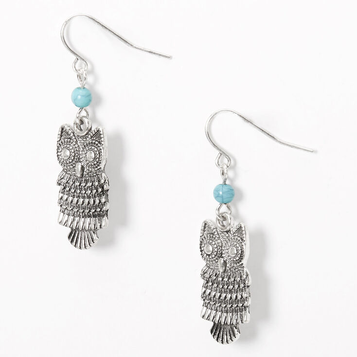 Silver 1.5" Beaded Owl Drop Earrings - Turquoise,