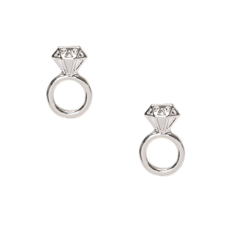 Silver Tone Diamond Engagement Ring Stud Earrings,
