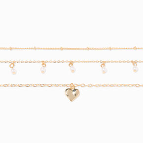 Gold &amp; Pearl Heart Chain Choker Necklaces - 3 Pack,