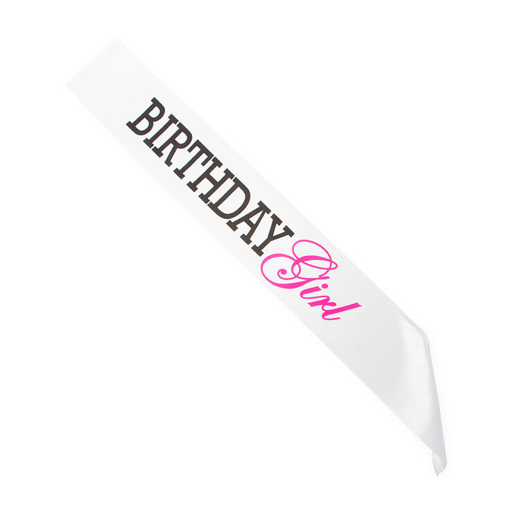 Black & Pink Birthday Girl White Satin Sash,