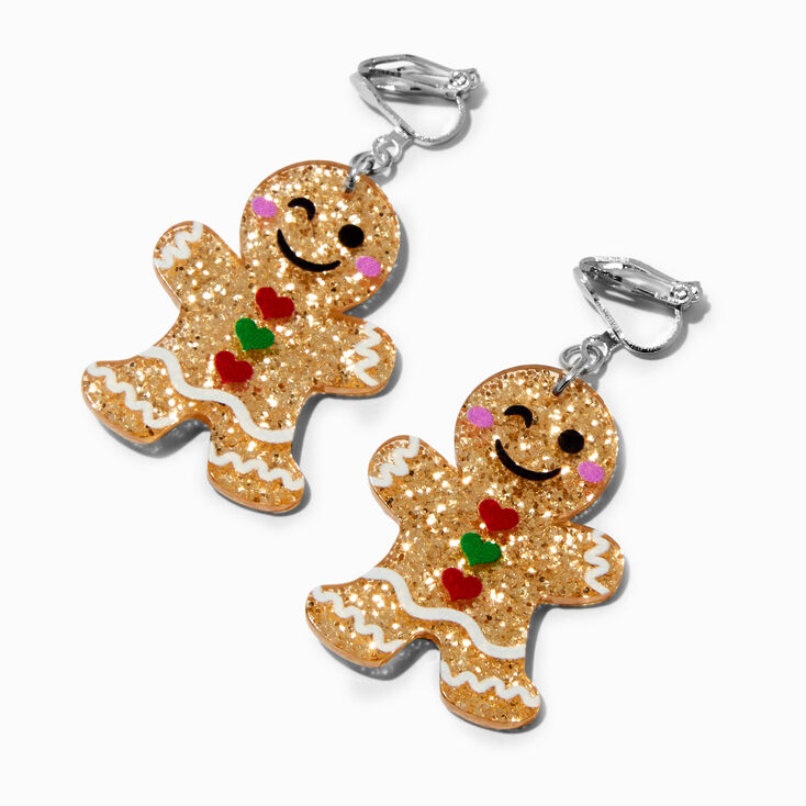 Gingerbread Cookie Glittery Clip-On Drop Earrings,