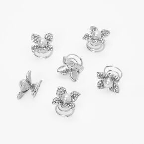 Silver Embellished Pearl Flower Hair Spinners - 6 Pack,