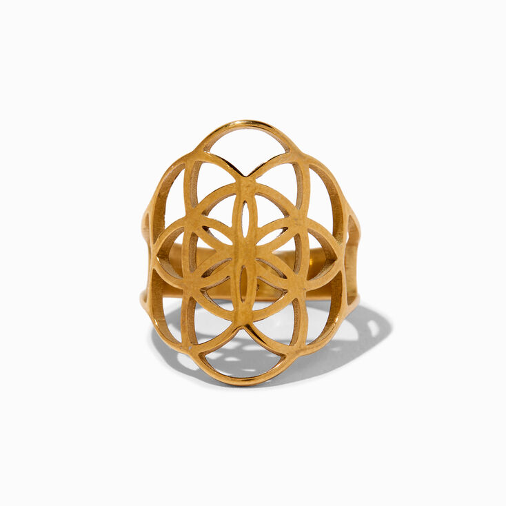 Gold-tone Stainless Steel Geometric Floral Ring,