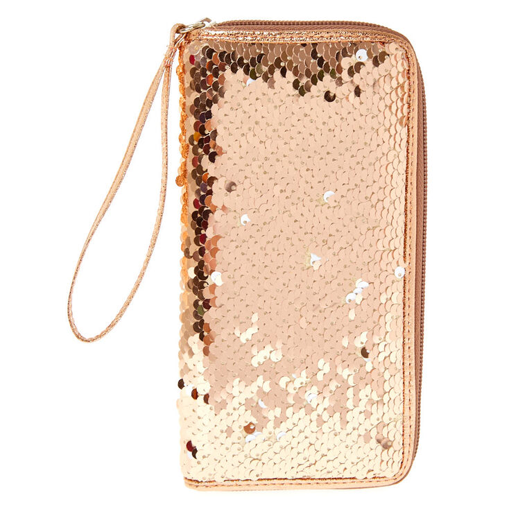 Rose Gold to White Reversible Sequin Zipper Wristlet,