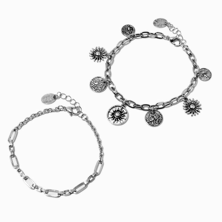 Silver-tone Boho Charm Bracelet Set - 2 Pack ,