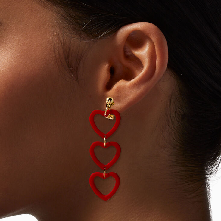 Red Triple Heart 2&quot; Linear Clip-on Drop Earrings ,