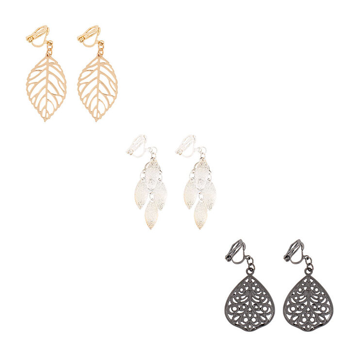Filigree Leaves Clip On Drop Earrings Set,